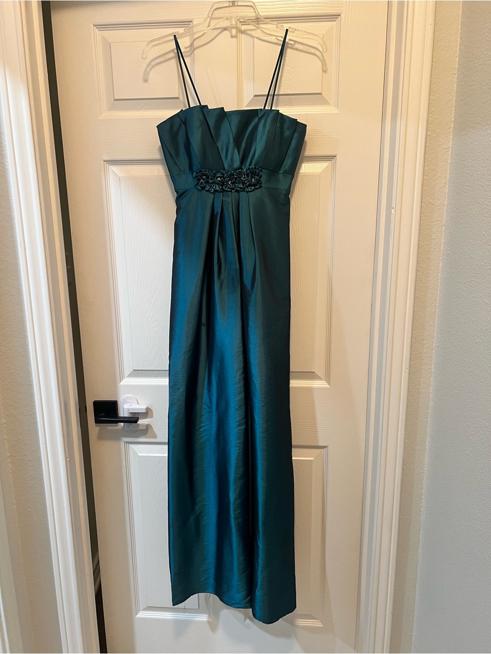 Teal Spaghetti-Strap Maxi Dress with Embellished Waist